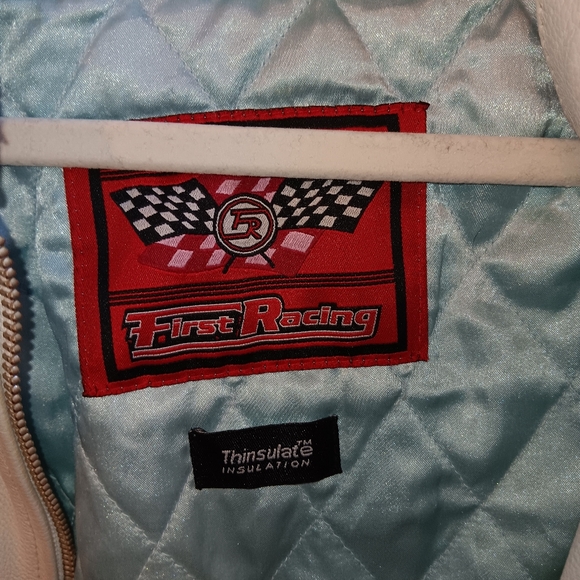 Womens Leather Jacket Fitted First Racing Vintage Powder Blue Y2K Size XXL - Picture 4 of 7